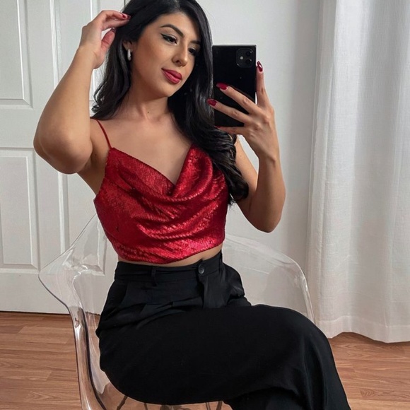 Red Cowl Neck Crop Top-Zara - Picture 1 of 2